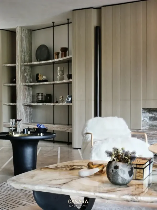 Góc phòng khách sang trọng với kệ sách độc đáo và ghế lông mềm mại.