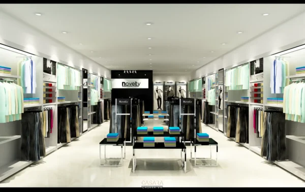 Cửa hàng thời trang nam hiện đại, sang trọng với tông màu trắng chủ đạo.