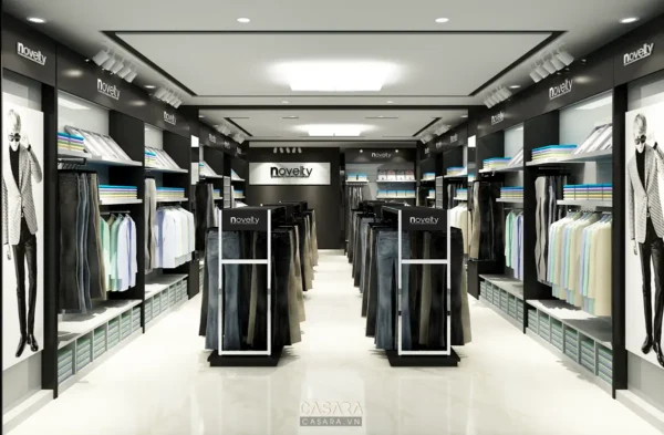 Cửa hàng thời trang nam hiện đại, sang trọng với tông màu đen trắng chủ đạo.