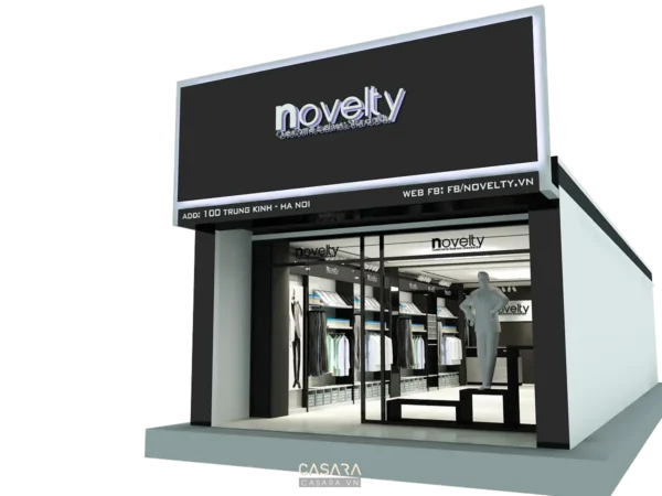 Mặt tiền cửa hàng Novelty hiện đại, sang trọng với tông đen chủ đạo.