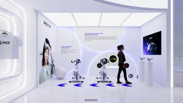 Gian hàng công nghệ Pico VR với thiết kế hiện đại, các sản phẩm thể thao VR.