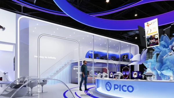 Gian hàng triển lãm công nghệ cao với thiết kế hiện đại, ấn tượng.