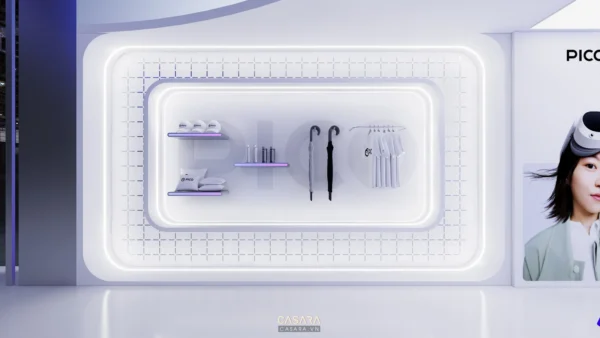 Không gian trưng bày sản phẩm công nghệ thực tế ảo Pico hiện đại và tối giản.