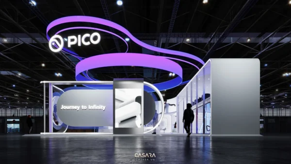 Khu gian hàng PICO với thiết kế hiện đại, ánh sáng tím nổi bật.