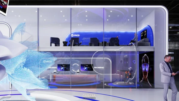 Gian hàng triển lãm công nghệ cao với thiết kế hiện đại và ấn tượng.