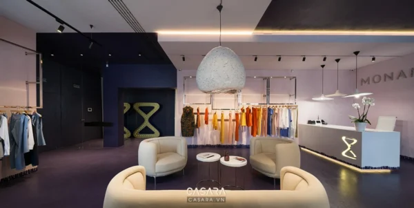Không gian cửa hàng thời trang thiết kế hiện đại, tối giản.
