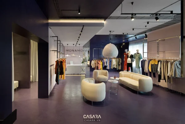 Cửa hàng thời trang thiết kế hiện đại, sang trọng với tông màu chủ đạo tím than.