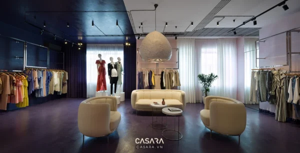 Không gian cửa hàng thời trang hiện đại, sang trọng với tông màu ấm áp.