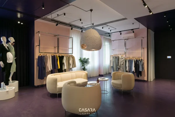 Cửa hàng thời trang thiết kế hiện đại, sang trọng với tông màu pastel.