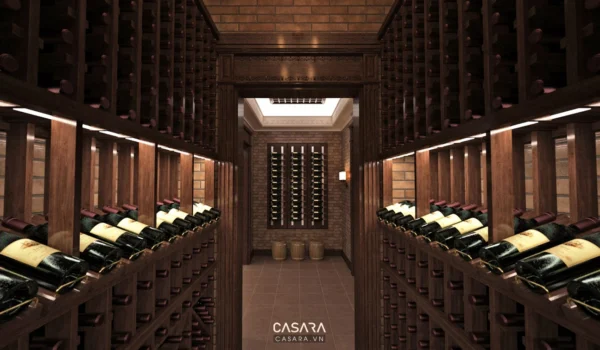 Hầm rượu sang trọng với kệ gỗ và ánh sáng ấm áp, tinh tế.