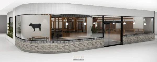 Kiến trúc hiện đại với mặt tiền kính lớn, điểm nhấn hình bò đen.