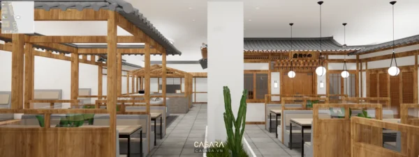 Không gian nhà hàng phong cách Á Đông, mái ngói truyền thống.