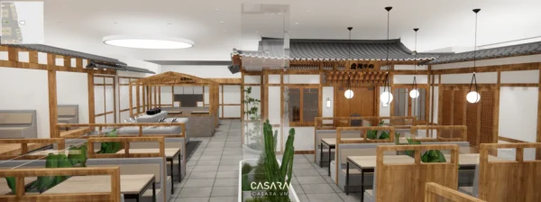 Không gian nhà hàng phong cách Á Đông hiện đại, sang trọng.