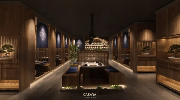 Không gian nhà hàng Nhật Bản sang trọng, ấm cúng với gỗ và ánh sáng dịu.