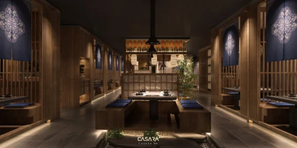 Không gian nhà hàng Nhật Bản sang trọng, ấm cúng với thiết kế gỗ tinh tế.