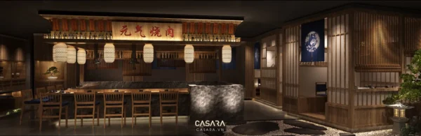 Nội thất nhà hàng Nhật Bản sang trọng, ấm cúng với quầy bar gỗ.