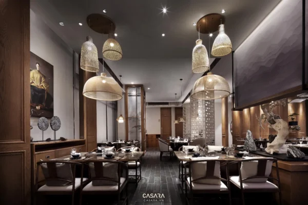 Nhà hàng Casara với thiết kế tối giản, ánh sáng dịu nhẹ và sang trọng.