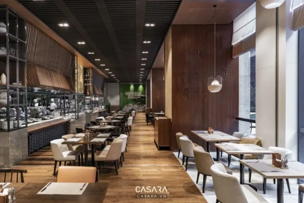 Nội thất nhà hàng phong cách Á Đông hiện đại, sang trọng.