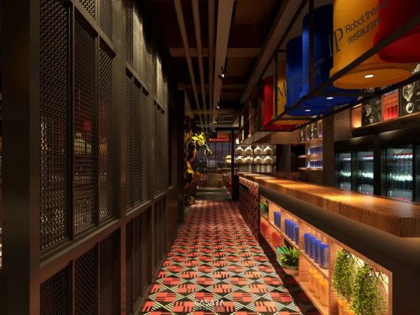 Nội thất nhà hàng robot hiện đại với sàn và tường độc đáo.