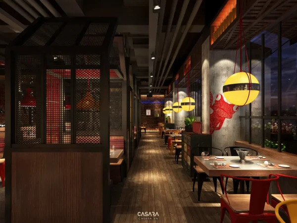 Nhà hàng phong cách Á Đông hiện đại với ánh sáng ấm áp, tinh tế.