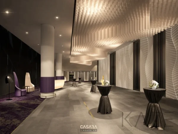 Hành lang khách sạn sang trọng với ánh sáng và nội thất tinh tế.