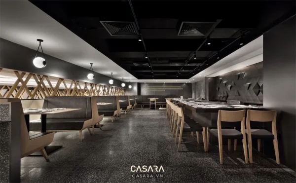 Không gian nhà hàng hiện đại với thiết kế tối giản, ánh sáng ấm áp.