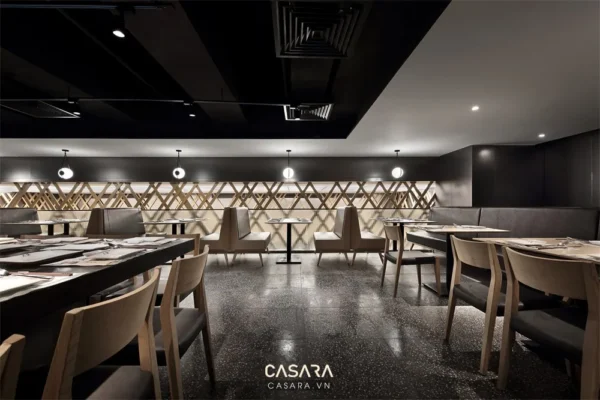 Nội thất nhà hàng hiện đại với thiết kế tối giản, sang trọng.