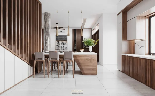 Phòng bếp - ăn hiện đại, sang trọng với gỗ và trắng chủ đạo.