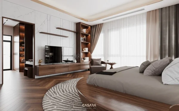 Phòng ngủ hiện đại, sang trọng với nội thất gỗ và tông màu trung tính.