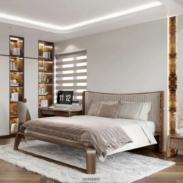 Phòng ngủ hiện đại, ấm cúng với giường gỗ và kệ sách lớn.