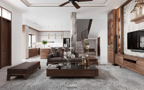 Phòng khách hiện đại, sang trọng với nội thất gỗ ấm cúng.