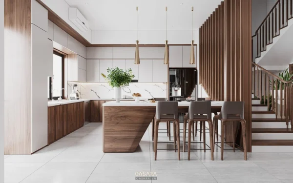 Phòng bếp hiện đại, sang trọng với thiết kế gỗ và đá tinh tế.