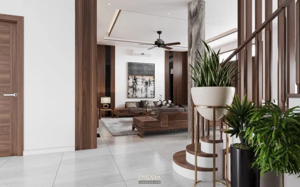 Không gian phòng khách hiện đại, sang trọng với nội thất gỗ.