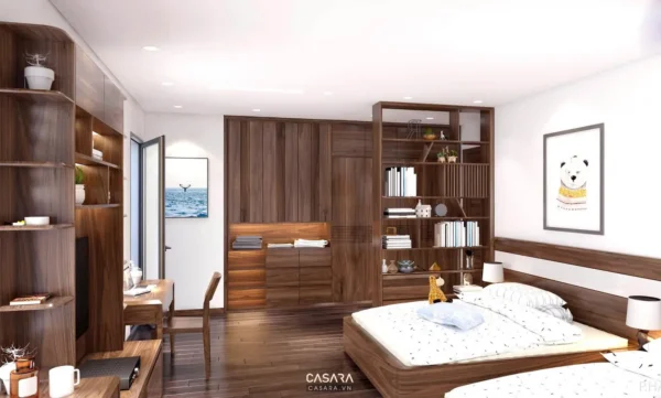 Phòng ngủ hiện đại, ấm cúng với nội thất gỗ chủ đạo và tông màu trung tính.