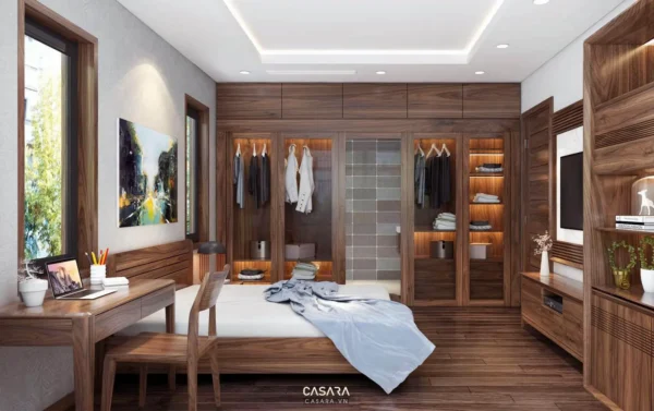 Phòng ngủ hiện đại, ấm cúng với nội thất gỗ chủ đạo và ánh sáng dịu nhẹ.