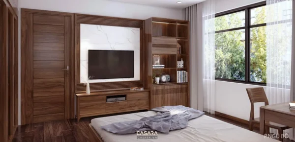 Phòng ngủ hiện đại, ấm cúng với nội thất gỗ chủ đạo.