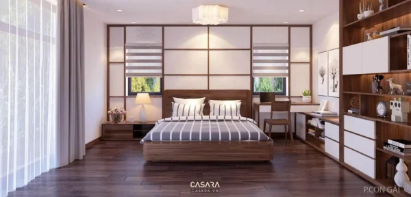 Phòng ngủ hiện đại, ấm cúng với nội thất gỗ chủ đạo.