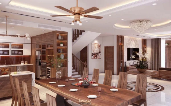 Phòng khách và phòng ăn rộng rãi, thiết kế hiện đại, sang trọng.