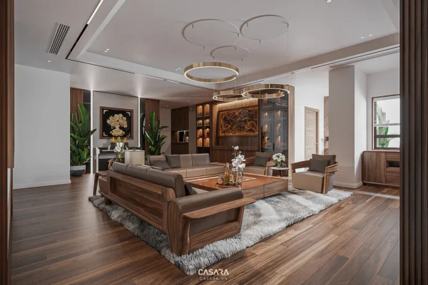Phòng khách hiện đại, sang trọng với nội thất gỗ ấm cúng.
