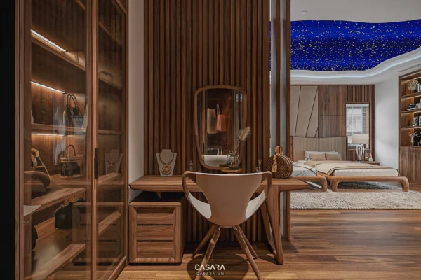 Phòng ngủ sang trọng với nội thất gỗ ấm cúng, ánh sáng dịu nhẹ.