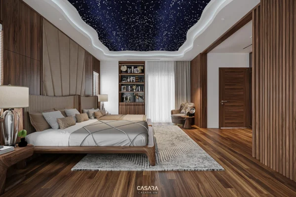 Phòng ngủ hiện đại, sang trọng với trần hình bầu trời sao độc đáo.