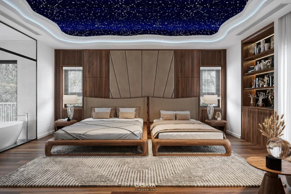 Phòng ngủ hiện đại với trần hình bầu trời sao ấn tượng.