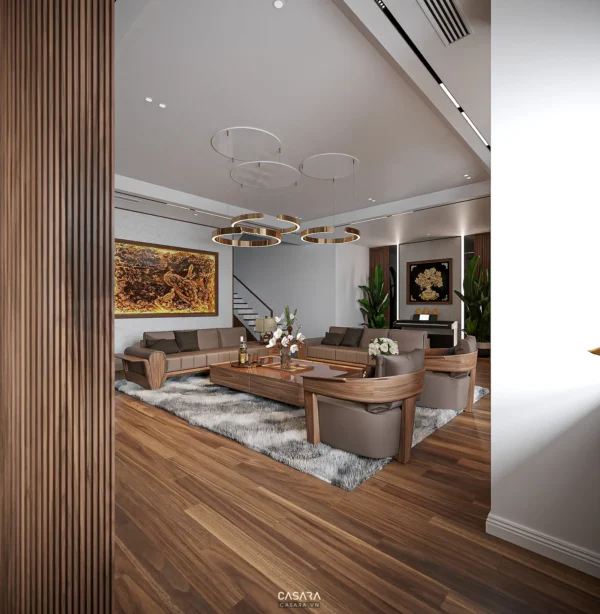 Phòng khách hiện đại, sang trọng với nội thất gỗ và ánh sáng ấm áp.