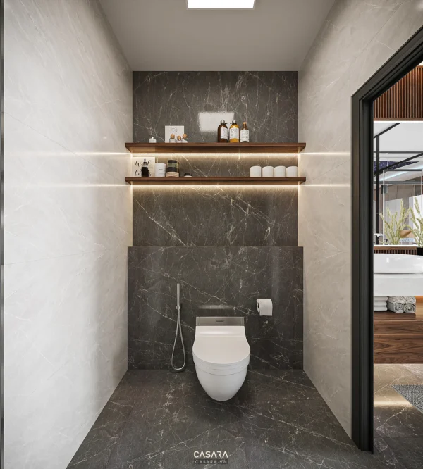 Phòng tắm nhỏ hiện đại, sang trọng với tông màu trung tính.