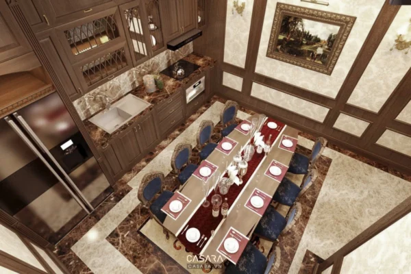 Phòng bếp và phòng ăn sang trọng, ấm cúng với nội thất gỗ.