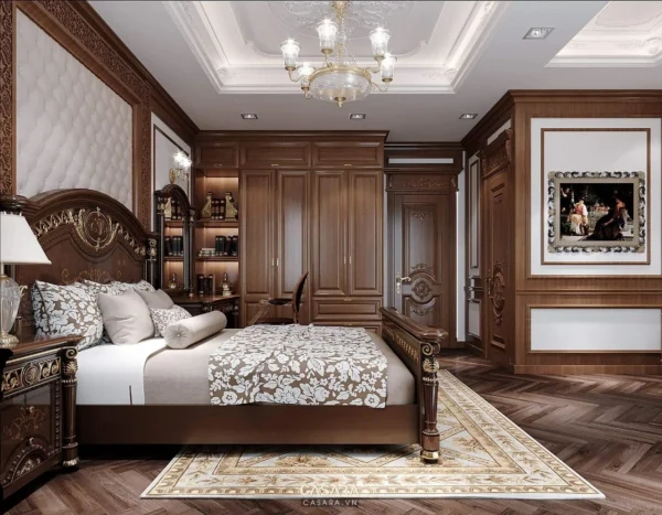 Phòng ngủ tân cổ điển sang trọng với nội thất gỗ ấm áp.