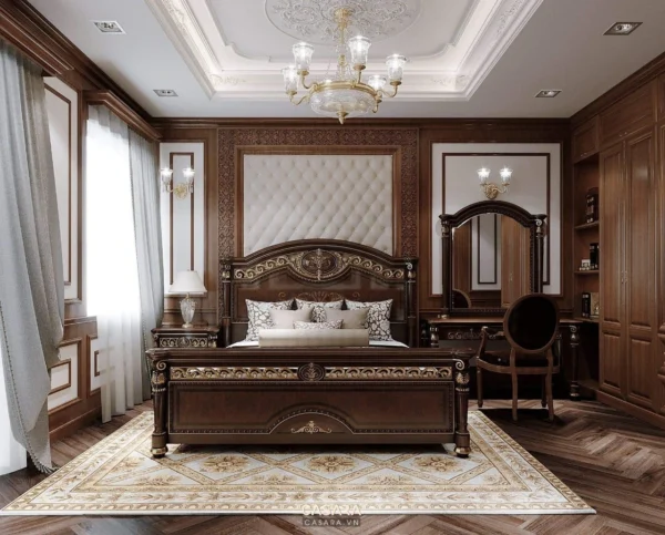 Phòng ngủ sang trọng, ấm cúng với nội thất gỗ cổ điển tinh tế.