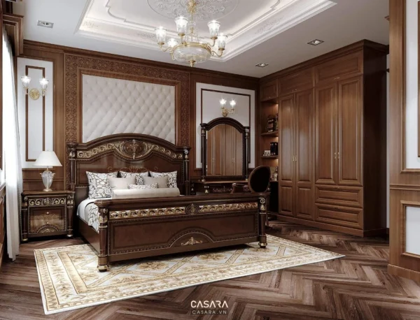 Phòng ngủ sang trọng với nội thất gỗ cổ điển, ánh sáng ấm áp.