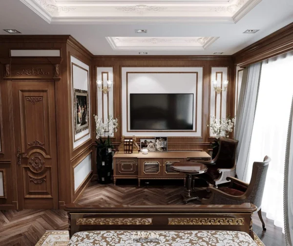 Phòng làm việc sang trọng với nội thất gỗ cổ điển, ấm cúng.