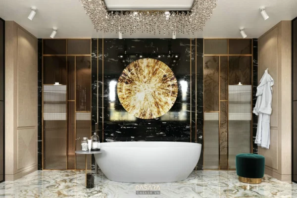 Phòng tắm sang trọng với bồn tắm trắng và tranh tròn ấn tượng.